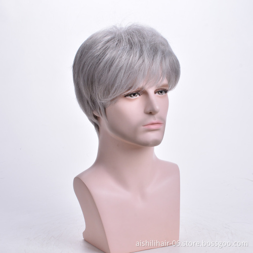 Aishili wholesale short grey natural silky straight toupee remy hair synthetic wigs for men